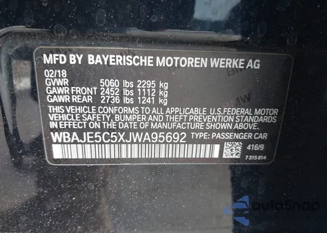 2018 BMW 540I z USA, uszkodzony, nr VIN WBAJE5C5XJWA95692